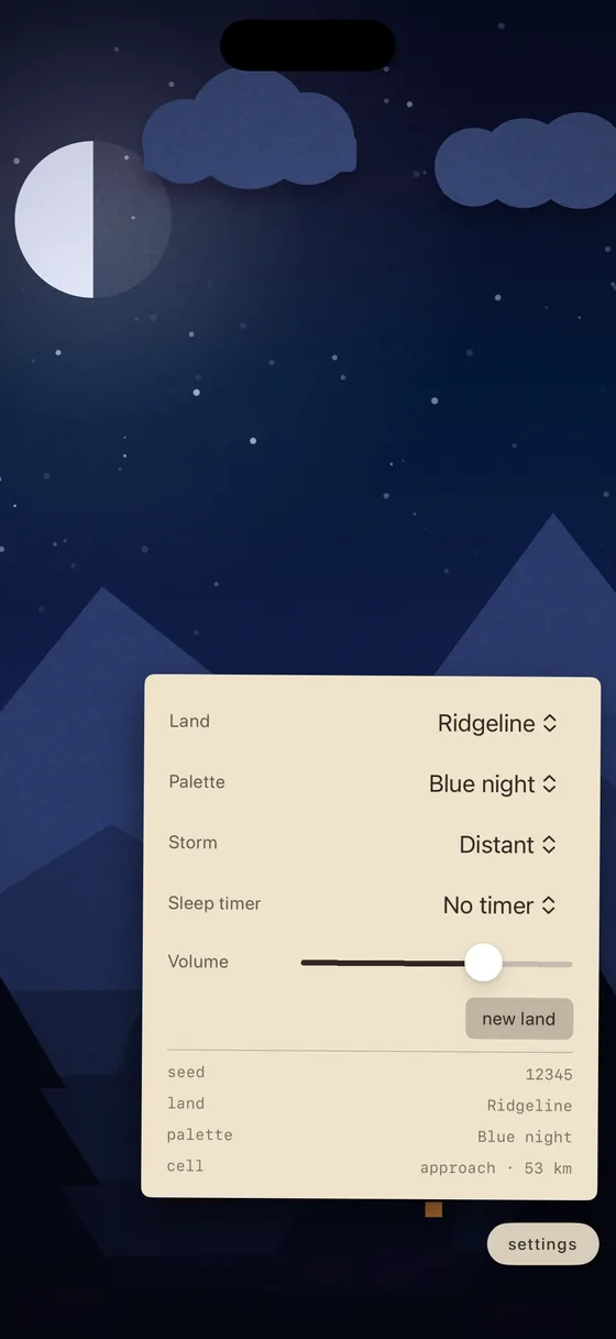 The settings panel, showing land, palette, storm distance, sleep timer and volume
