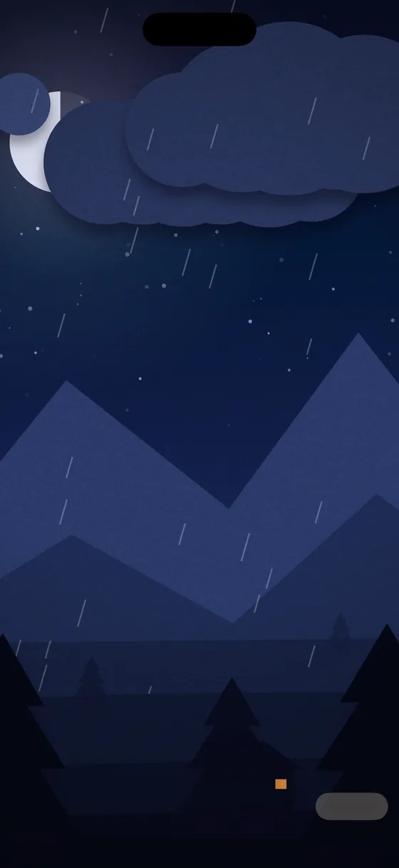 Rain falling past a moonlit ridgeline in blue night, a bank of cloud rolling in across the moon