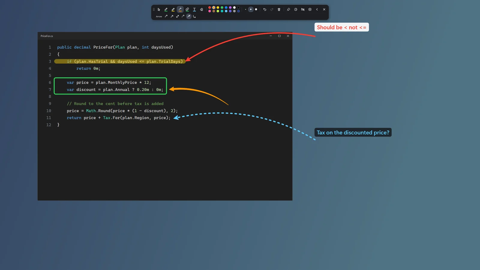 Six arrow styles, a highlighter and labels for walking through code.