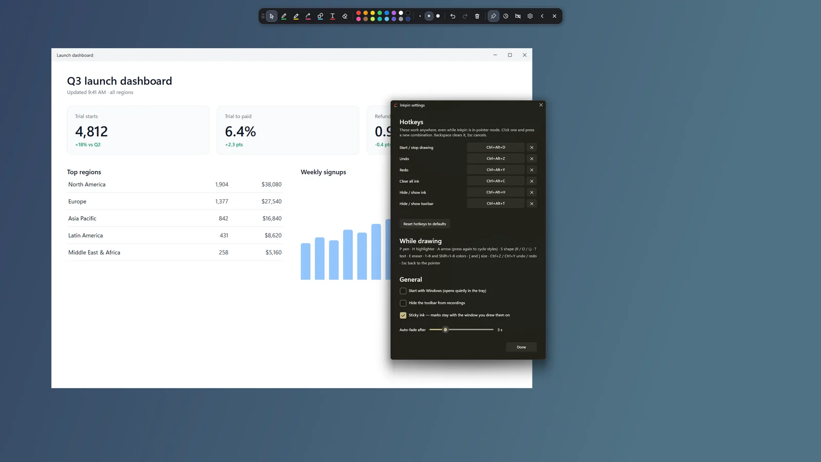 Remap every hotkey. Inkpin never takes focus from the app you are showing.